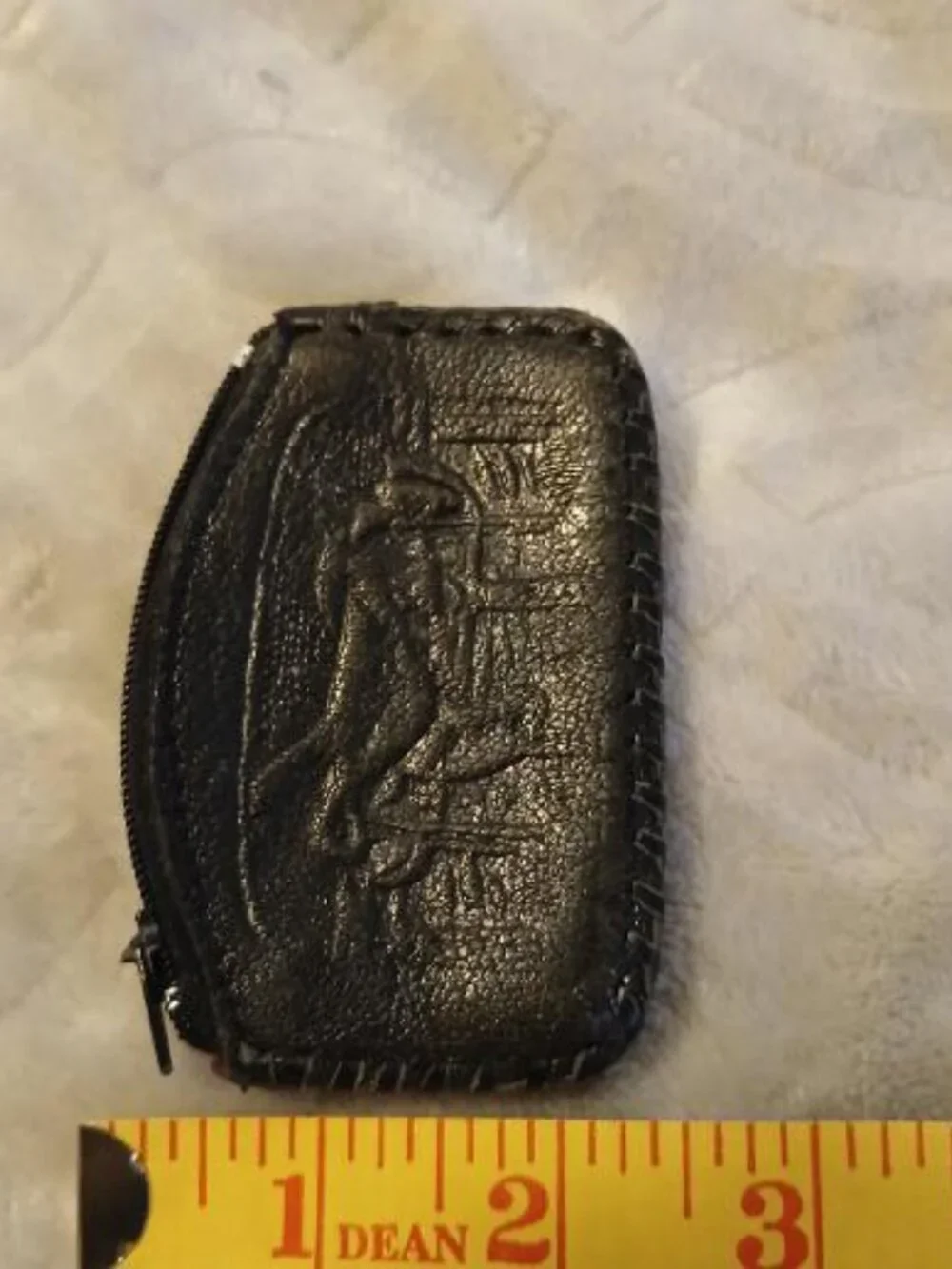 Vintage handmade black leather tooled coin purse with zipper closure